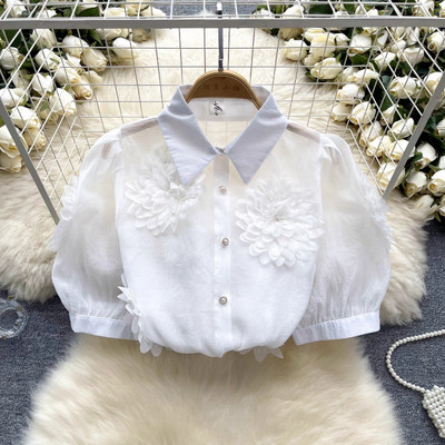 Neploe 2024 nyári új egysoros rózsaszín blúzok, 3D virágos, felfújható ujjú ingek női Y2k hajtókás nyakú, teljesen megfelelő Blusas Mujer