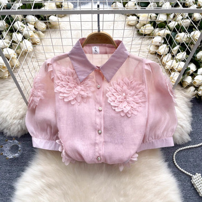 Neploe 2024 nyári új egysoros rózsaszín blúzok, 3D virágos, felfújható ujjú ingek női Y2k hajtókás nyakú, teljesen megfelelő Blusas Mujer