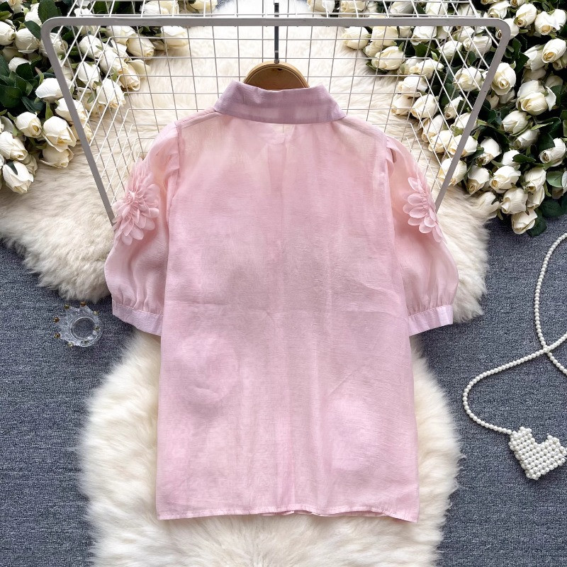 Neploe 2024 nyári új egysoros rózsaszín blúzok, 3D virágos, felfújható ujjú ingek női Y2k hajtókás nyakú, teljesen megfelelő Blusas Mujer