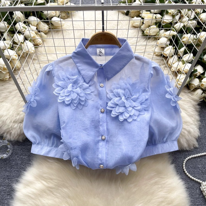 Neploe 2024 nyári új egysoros rózsaszín blúzok, 3D virágos, felfújható ujjú ingek női Y2k hajtókás nyakú, teljesen megfelelő Blusas Mujer