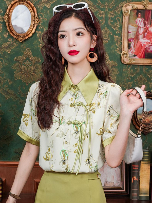 Suvised naiste lühikeste varrukatega retro-mull-varrukatega reväär Hiina stiilis trükitud lapiga šifoonist topid Pluus Blusas Mujer B322