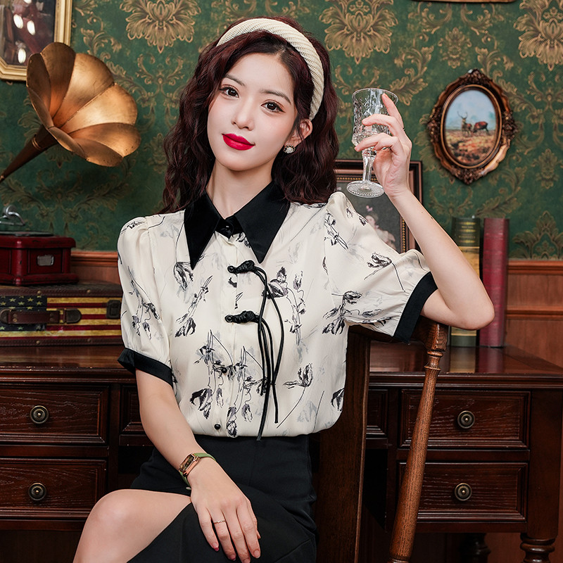 Suvised naiste lühikeste varrukatega retro-mull-varrukatega reväär Hiina stiilis trükitud lapiga šifoonist topid Pluus Blusas Mujer B322