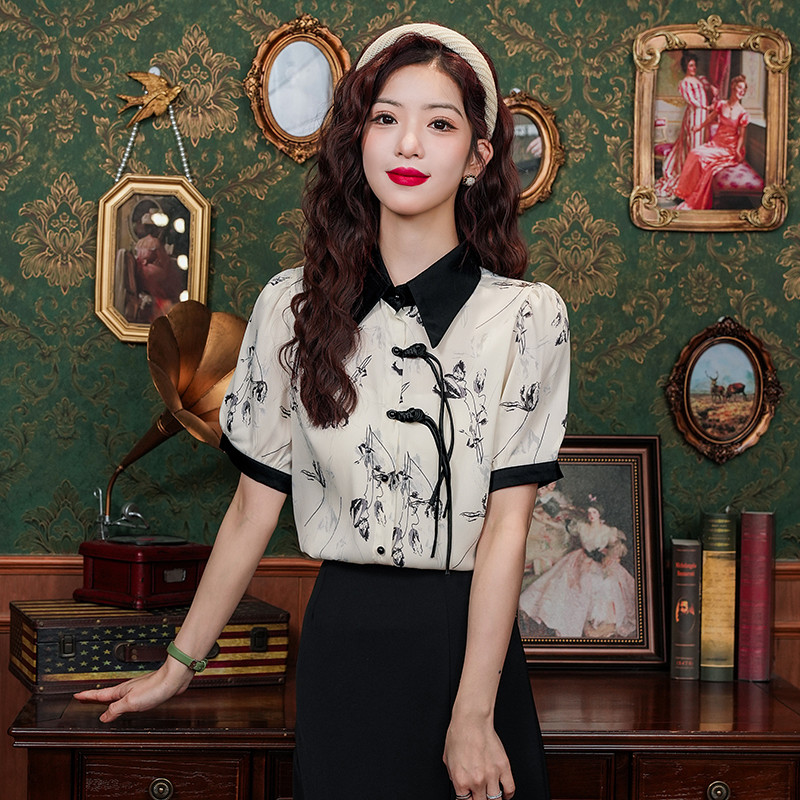 Suvised naiste lühikeste varrukatega retro-mull-varrukatega reväär Hiina stiilis trükitud lapiga šifoonist topid Pluus Blusas Mujer B322