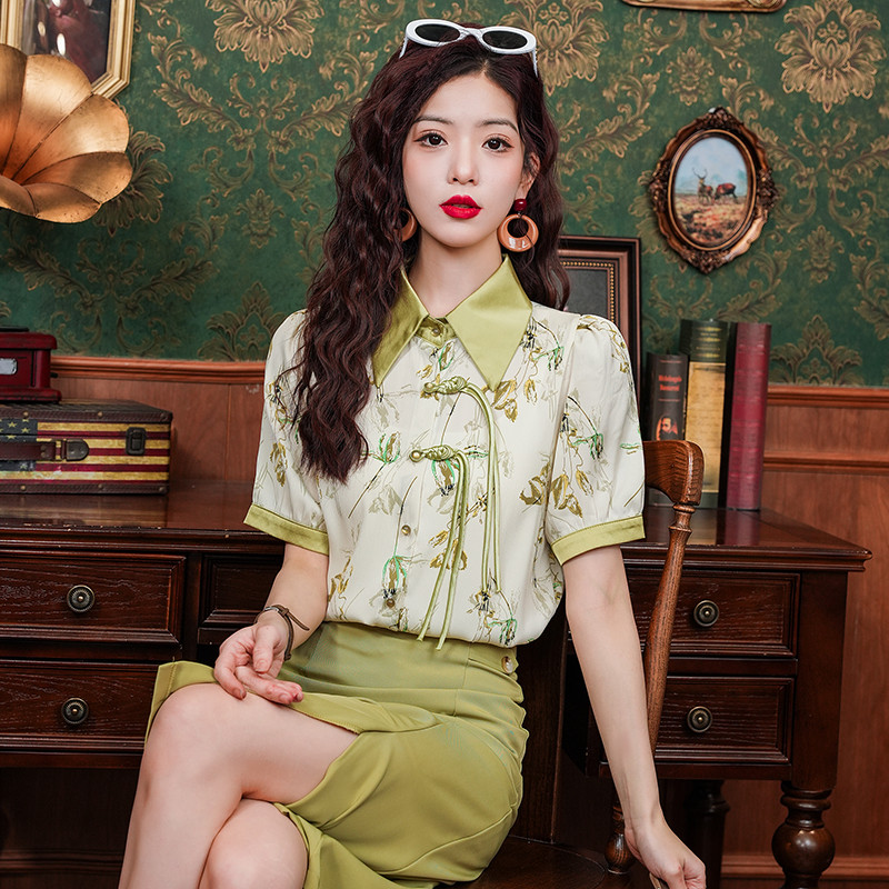 Suvised naiste lühikeste varrukatega retro-mull-varrukatega reväär Hiina stiilis trükitud lapiga šifoonist topid Pluus Blusas Mujer B322