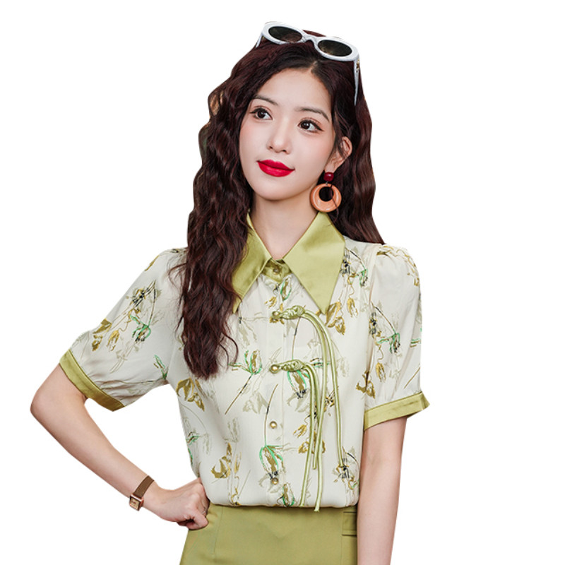 Suvised naiste lühikeste varrukatega retro-mull-varrukatega reväär Hiina stiilis trükitud lapiga šifoonist topid Pluus Blusas Mujer B322