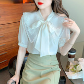 Suvised naiste lühikeste varrukatega nukukaelus, prantsuse mullvarrukatega ühevärvilised, magusad kikilipsuga šifoonist topid Naiste pluus Camisas B356
