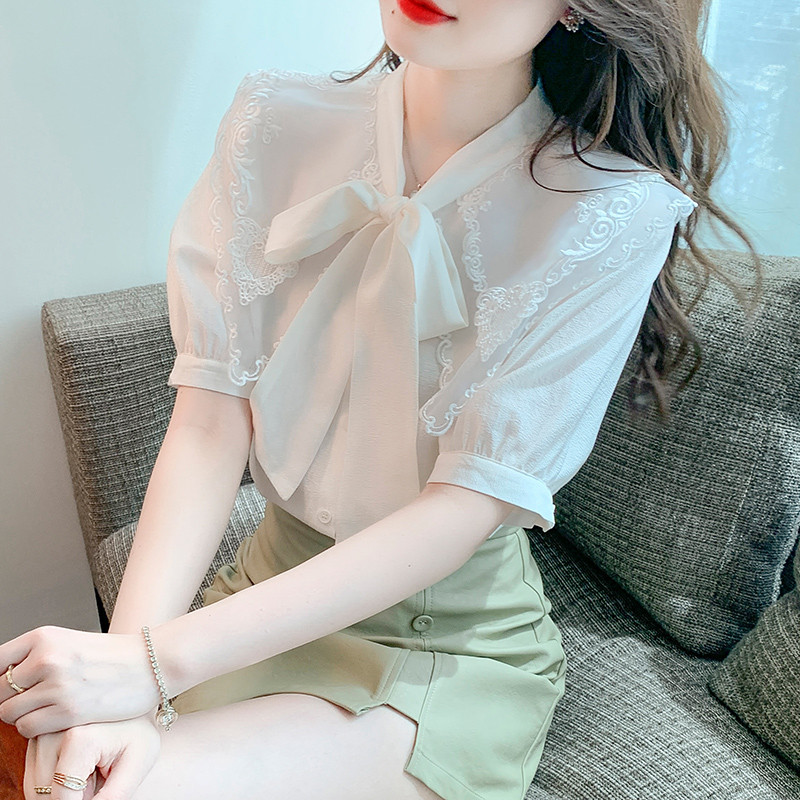 Suvised naiste lühikeste varrukatega nukukaelus, prantsuse mullvarrukatega ühevärvilised, magusad kikilipsuga šifoonist topid Naiste pluus Camisas B356