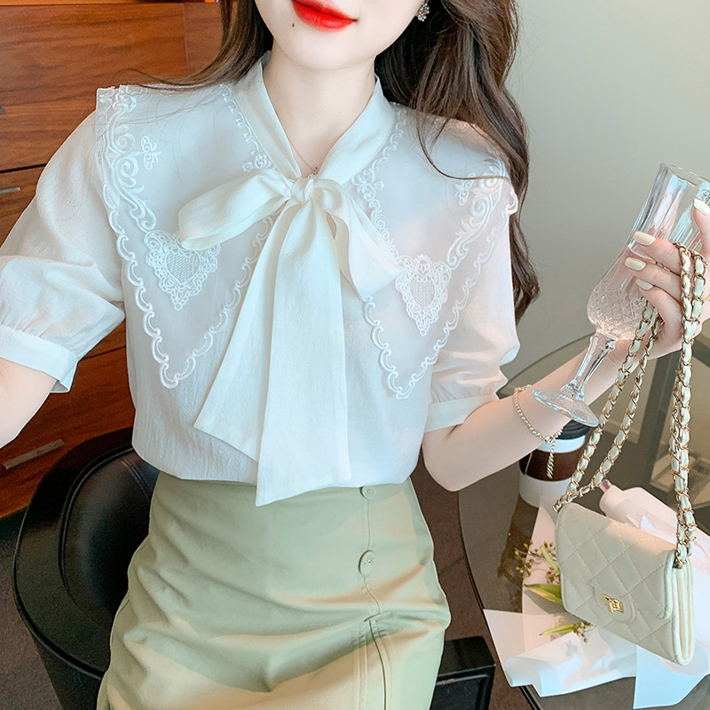 Suvised naiste lühikeste varrukatega nukukaelus, prantsuse mullvarrukatega ühevärvilised, magusad kikilipsuga šifoonist topid Naiste pluus Camisas B356