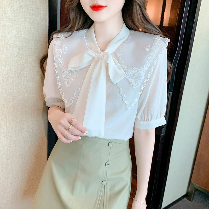 Suvised naiste lühikeste varrukatega nukukaelus, prantsuse mullvarrukatega ühevärvilised, magusad kikilipsuga šifoonist topid Naiste pluus Camisas B356