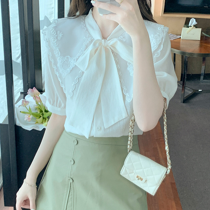 Suvised naiste lühikeste varrukatega nukukaelus, prantsuse mullvarrukatega ühevärvilised, magusad kikilipsuga šifoonist topid Naiste pluus Camisas B356