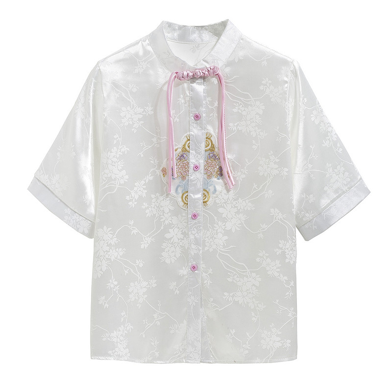 Moodne Hiina stiil Tikandid Satiin Naiste särkpluus Topid Blusas Mujer De Moda 2024 Verano lühikeste varrukatega naiste särk H574