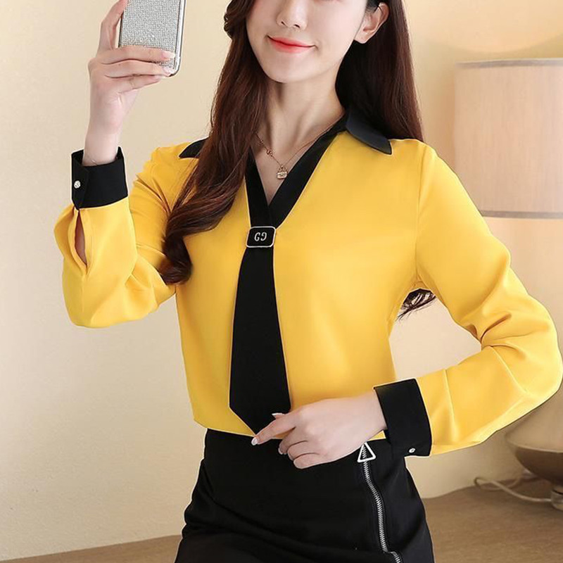 Pavasara rudens biroja dāma eleganta modes šalle apkakles krekls sieviešu ar garām piedurknēm ikdienišķa blūze, sieviešu apģērbi