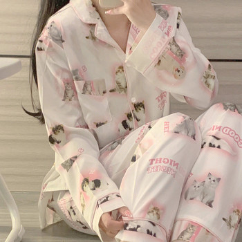 Висококачествена ледена коприна Сладък котешки принт Летни нови тънки пижами Дамски пролетен лятен копринен комплект домашно облекло, нощно облекло, спално облекло, нощница