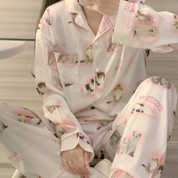 Висококачествена ледена коприна Сладък котешки принт Летни нови тънки пижами Дамски пролетен лятен копринен комплект домашно облекло, нощно облекло, спално облекло, нощница