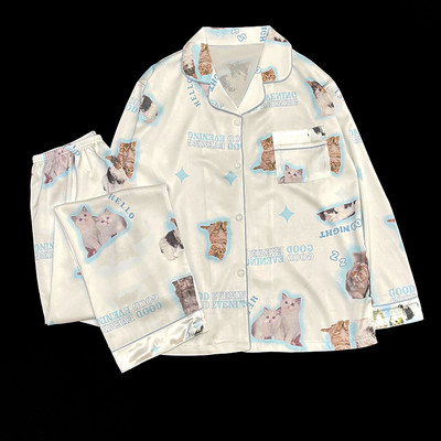Kvaliteetne Ice Silk Cute Cat Print Suvine uus õhuke pidžaamad Naiste kevadsuvi siidist kodurõivaste komplekt Ööriided Magamisriiete öösärk