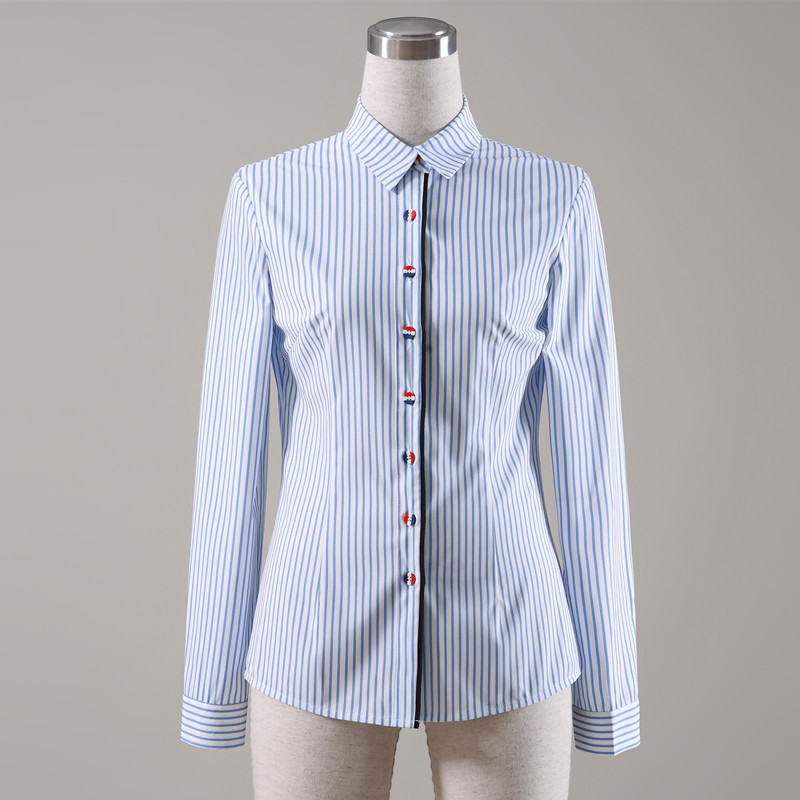 Modes apģērbi Sieviešu zilas svītras krekls Jauns oficiāls biznesa plāns ar garām piedurknēm blūze Biroja sieviešu darba topi