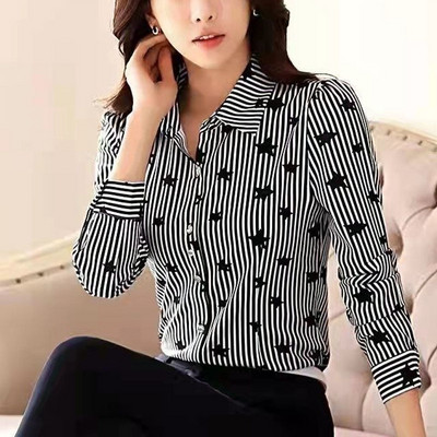 2024, noi, primăvară, toamnă, imprimeu, buton, gât polo, îmbinat, modă, simplitate, subțire, cu mânecă lungă, cămașă cu dungi pentru navetiști.