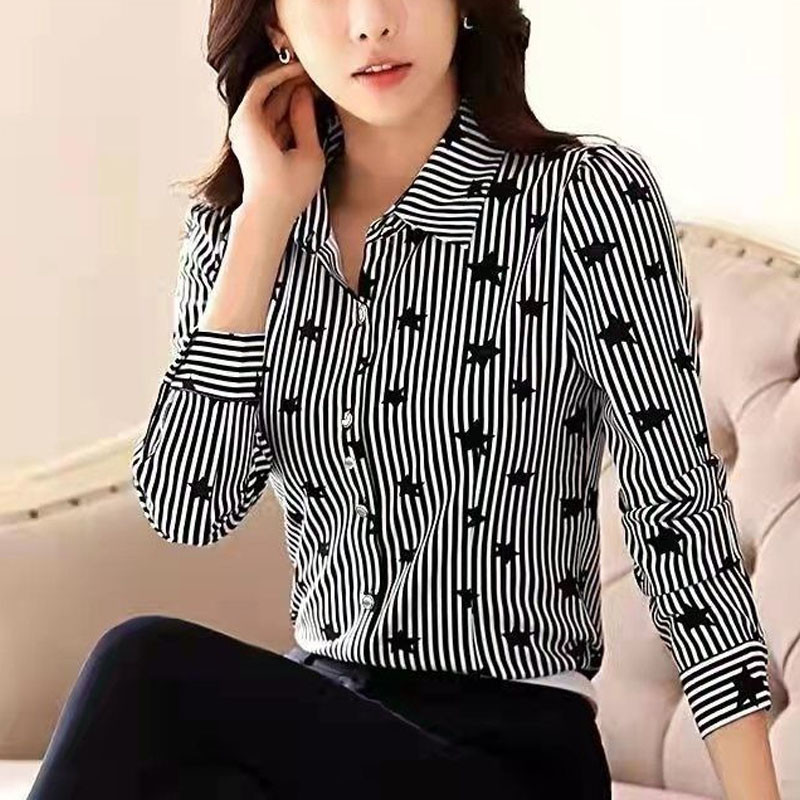 2024, noi, primăvară, toamnă, imprimeu, buton, gât polo, îmbinat, modă, simplitate, subțire, cu mânecă lungă, cămașă cu dungi pentru navetiști.