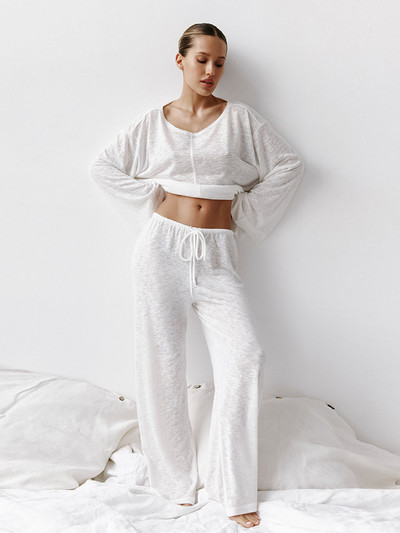 Hiloc Διαφανές Φαρδιά Sleepwear Γυναικεία Ρούχα Σπίτι Στρογγυλή λαιμόκοψη Σετ δύο τεμαχίων Μακρυμάνικο κορδόνι Σπίτι Κοστούμι για Γυναικεία Σετ