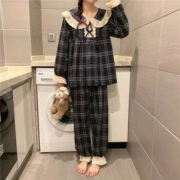 Дантелени дамски комплекти пижами, спално облекло, комплекти карирани панталони, 2 части Piiama, корейски стил, пълен ръкав, пролетна вечер, носещ домашен костюм с лък 2024