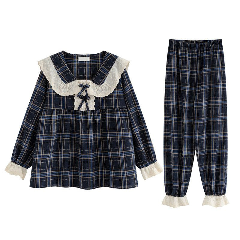 Pitsist naiste pidžaamakomplektid magamisriided ruudulised pükste komplektid, 2 tükki Piiama korea stiilis täisvarrukatega kevadõhtused rõivad, vibu koduülikond 2024