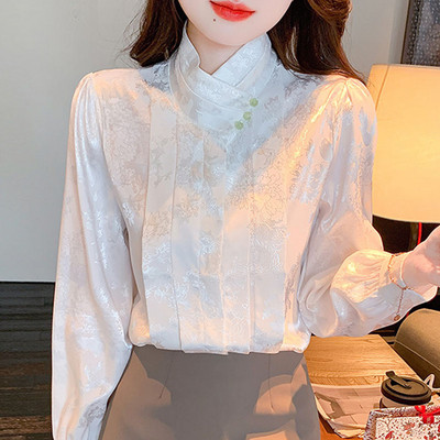 Új divat Jacquard szatén női ingblúz felsők Blusas Mujer De Moda 2024 hosszú ujjú állógallér fehér blúz női H535