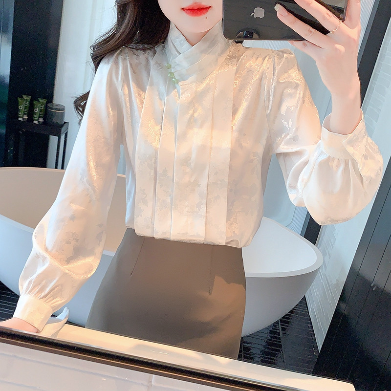 Új divat Jacquard szatén női ingblúz felsők Blusas Mujer De Moda 2024 hosszú ujjú állógallér fehér blúz női H535
