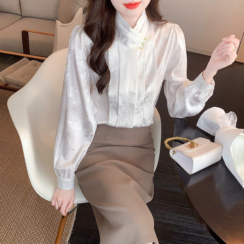 Új divat Jacquard szatén női ingblúz felsők Blusas Mujer De Moda 2024 hosszú ujjú állógallér fehér blúz női H535