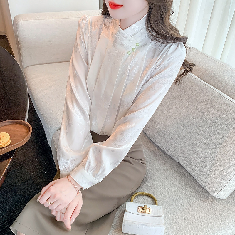 Új divat Jacquard szatén női ingblúz felsők Blusas Mujer De Moda 2024 hosszú ujjú állógallér fehér blúz női H535
