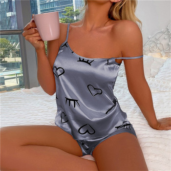 Секси комплект пижама с принт на сърца Дамски пижами от 2 части Пижами от копринен сатен, горнище и къси панталони Пижами Комплект летни пижами