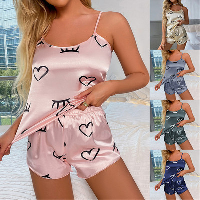 Sexy Heart Print Pidžamas komplekts Sieviešu 2 Daļu guļamveļa pidžamas Zīda satīna Cami tops un šorti pidžamas vasaras pidžamas komplekts