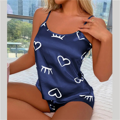 Sexy Heart Print Pidžamas komplekts Sieviešu 2 Daļu guļamveļa pidžamas Zīda satīna Cami tops un šorti pidžamas vasaras pidžamas komplekts