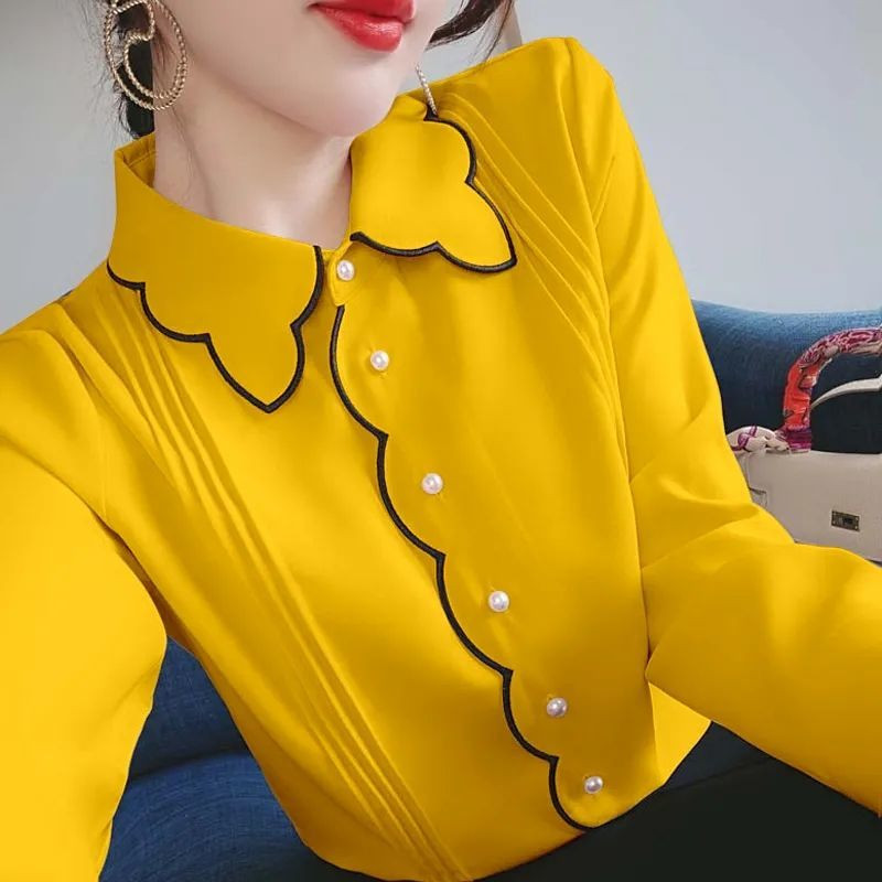 Dulce guler Peter Pan îmbinat cu butoane pliuri bluză lejeră din șifon îmbrăcăminte pentru femei 2022, pulovere casual de toamnă, topuri de damă de birou