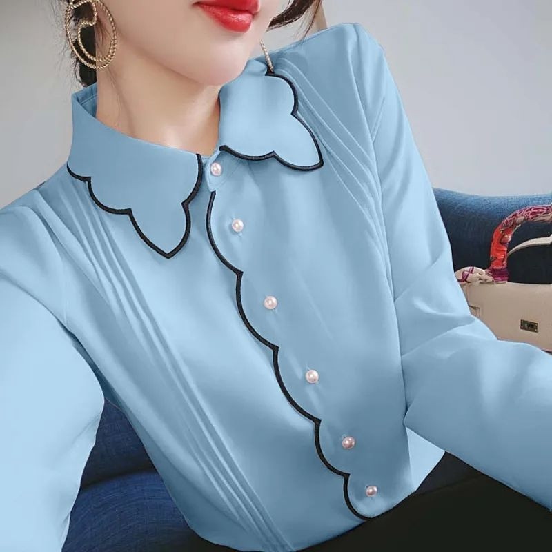 Dulce guler Peter Pan îmbinat cu butoane pliuri bluză lejeră din șifon îmbrăcăminte pentru femei 2022, pulovere casual de toamnă, topuri de damă de birou