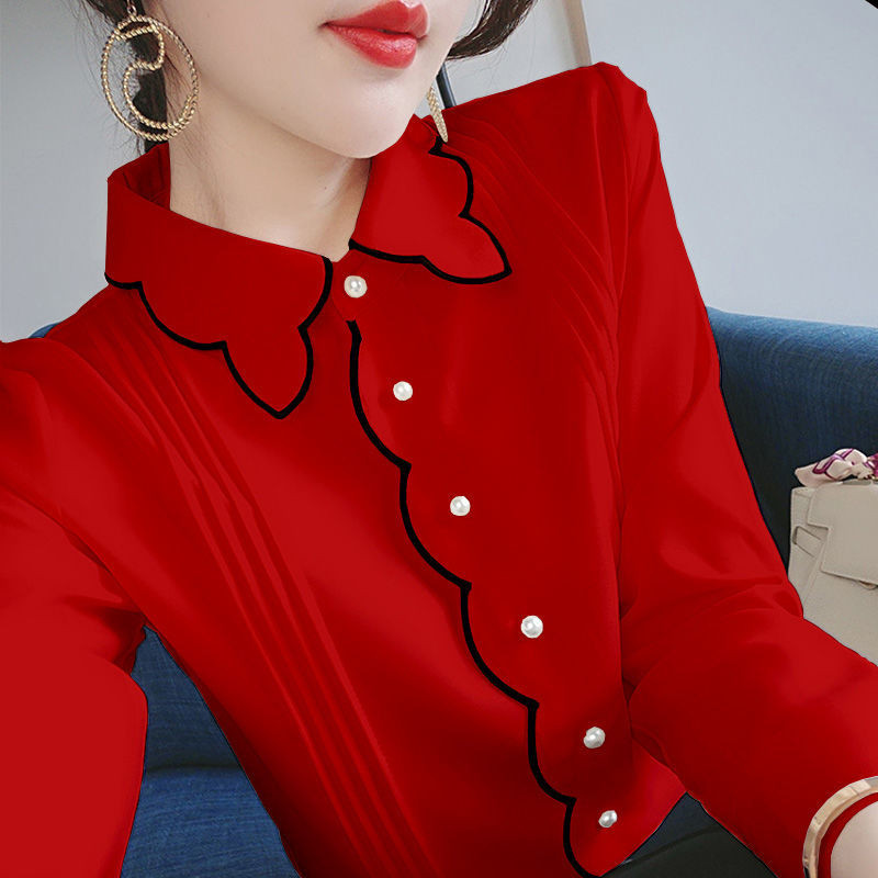 Dulce guler Peter Pan îmbinat cu butoane pliuri bluză lejeră din șifon îmbrăcăminte pentru femei 2022, pulovere casual de toamnă, topuri de damă de birou