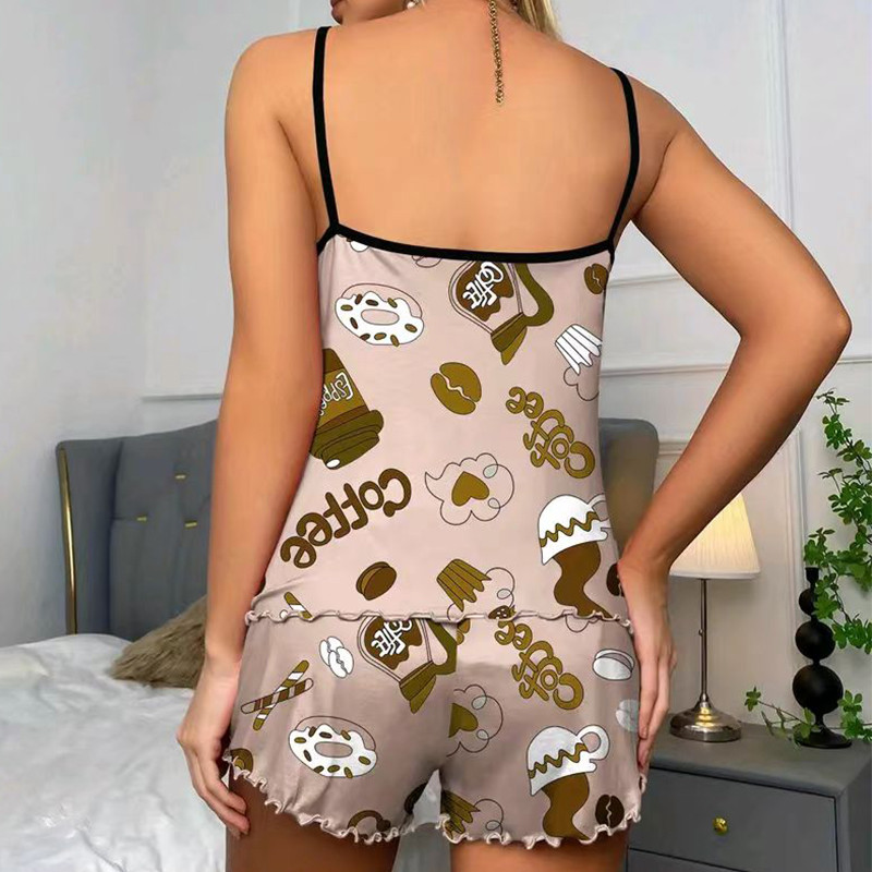 Sieviešu pidžamas guļamveļa pidžamas komplekts naktskrekli kamzolis un šorti SML khaki karikatūru apdruka vasaras ikdienišķa mīksta ērta