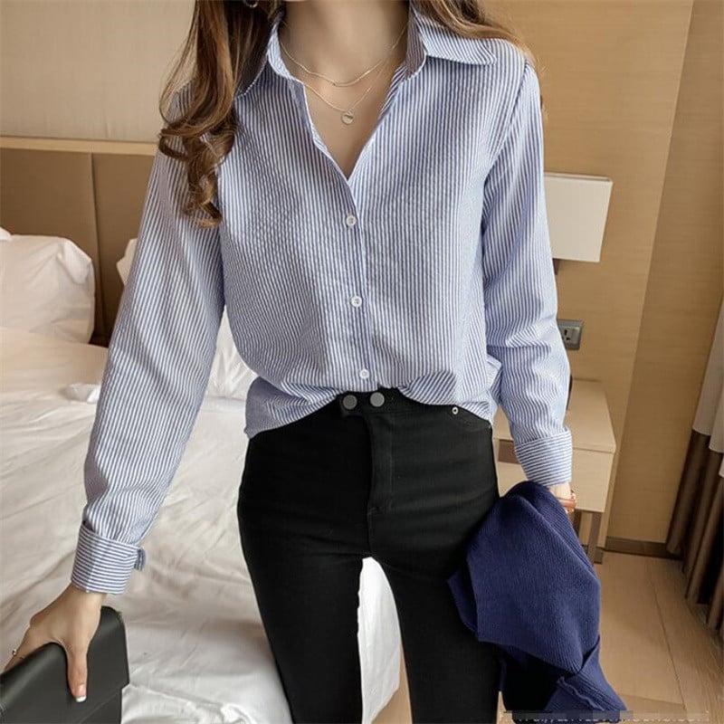 PLAZSON Bluze clasice cu dungi Bluze Cămăși pentru femei de primăvară toamnă Bluze cu gât polo cu mânecă lungă Cămașă de birou la modă Topuri