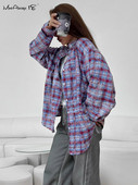 Mnealways18 Modes apgrūtināti rūtaini krekli Blūzes Sieviešu Pavasara Violets Biroja dāmu brīvi krekli Kokvilnas blūzes ar garām piedurknēm 2024. g.