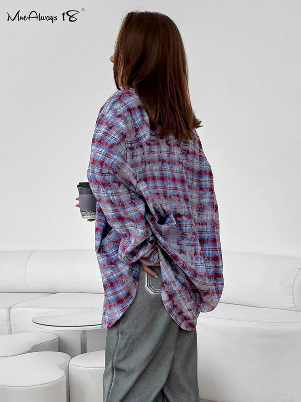 Mnealways18 Modes apgrūtināti rūtaini krekli Blūzes Sieviešu Pavasara Violets Biroja dāmu brīvi krekli Kokvilnas blūzes ar garām piedurknēm 2024. g.