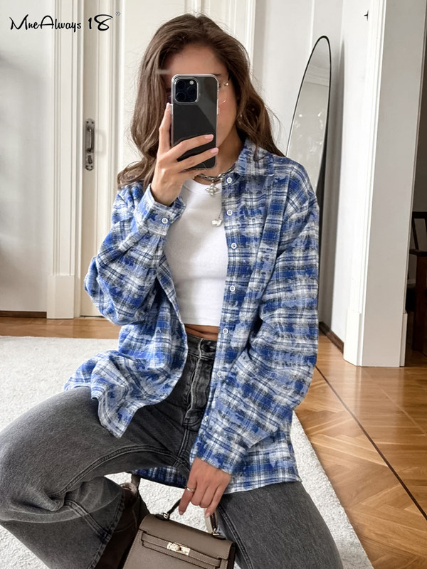 Mnealways18 Modes apgrūtināti rūtaini krekli Blūzes Sieviešu Pavasara Violets Biroja dāmu brīvi krekli Kokvilnas blūzes ar garām piedurknēm 2024. g.