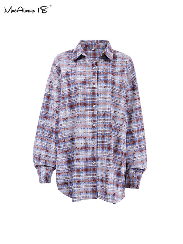 Mnealways18 Modes apgrūtināti rūtaini krekli Blūzes Sieviešu Pavasara Violets Biroja dāmu brīvi krekli Kokvilnas blūzes ar garām piedurknēm 2024. g.