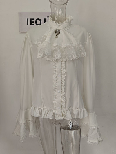 IEQJ ķīniešu stila vienkrāsains krekls sievietēm stāvēt uzliesmojošu piedurkņu mežģīņu izšuvumi volāni pārsējs dizains sieviešu apģērbs 3WQ6190