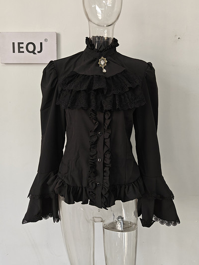 IEQJ ķīniešu stila vienkrāsains krekls sievietēm stāvēt uzliesmojošu piedurkņu mežģīņu izšuvumi volāni pārsējs dizains sieviešu apģērbs 3WQ6190