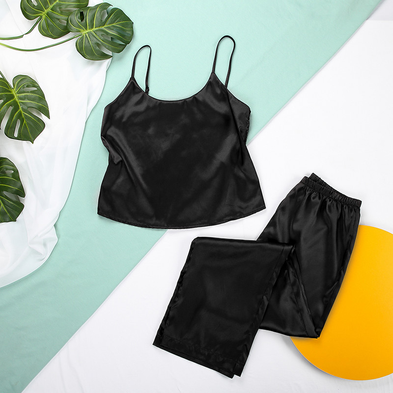 HiLoc bezmuguras satīna seksīga pidžama, melna mežģīņu pidžama ar biksēm, brīvu spageti siksniņu, intīma apakšveļa, sieviešu guļamveļa Pj komplekts