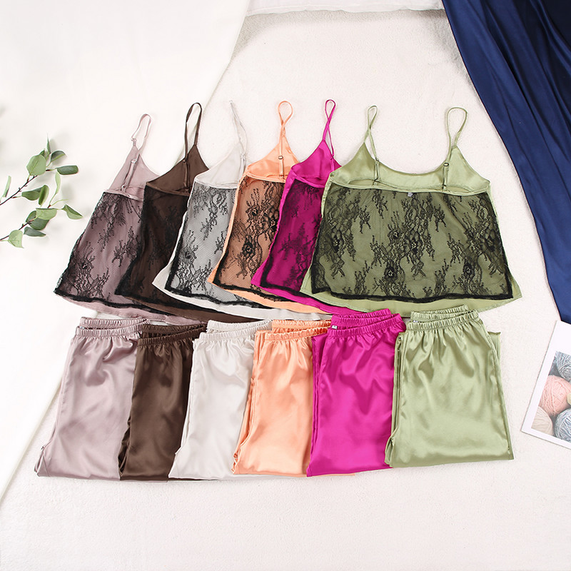 HiLoc bezmuguras satīna seksīga pidžama, melna mežģīņu pidžama ar biksēm, brīvu spageti siksniņu, intīma apakšveļa, sieviešu guļamveļa Pj komplekts