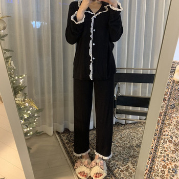 Сладка пижама в корейски стил Дамско зимно есенно спално облекло Дамски горнища с дълъг ръкав Панталони Пижами от 2 части Едноцветни комплекти спално бельо