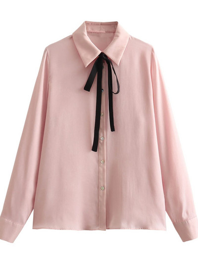 KAOPU ZA Sieviešu elegants bantītes satīna krekls ar garām piedurknēm Sieviešu ikdienas vienkrāsains blūzes tops