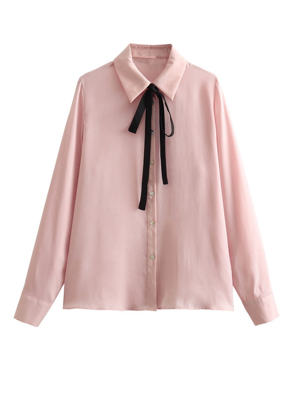 KAOPU ZA Sieviešu elegants bantītes satīna krekls ar garām piedurknēm Sieviešu ikdienas vienkrāsains blūzes tops