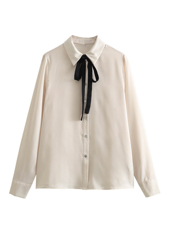 KAOPU ZA Sieviešu elegants bantītes satīna krekls ar garām piedurknēm Sieviešu ikdienas vienkrāsains blūzes tops