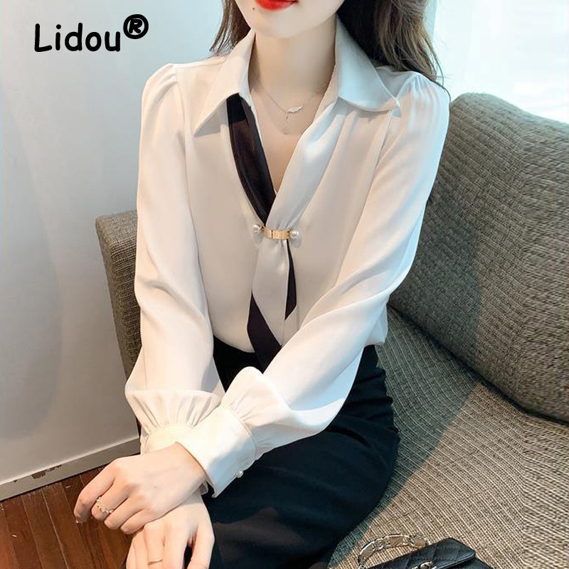 Ženska leptir mašna Luksuzni dizajn Elegantna bluza Korejska moda Poslovna ležerna uredska ženska košulja Proljeće Jesen V izrez Top dugih rukava